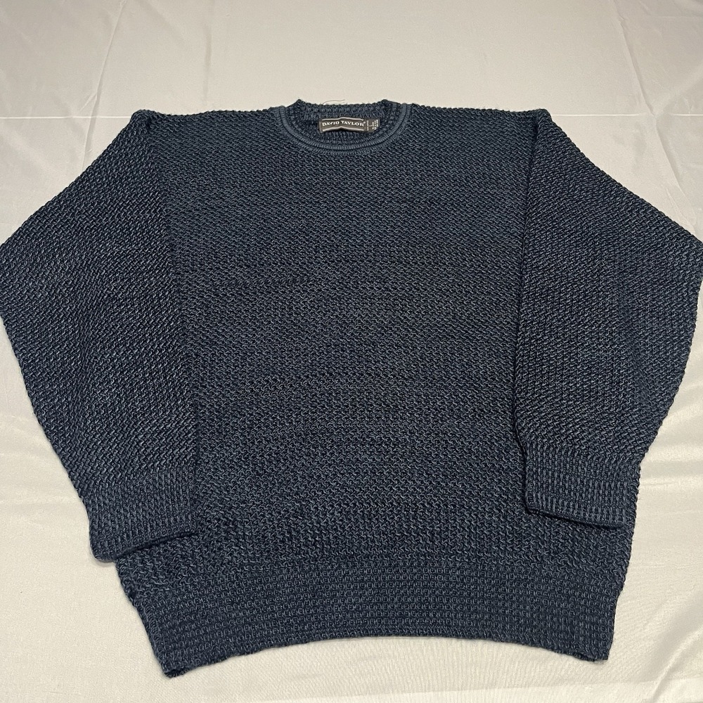 Vintage David Taylor Sweater Mens Large Blue Waffle Knit Pullover 90s USA Made